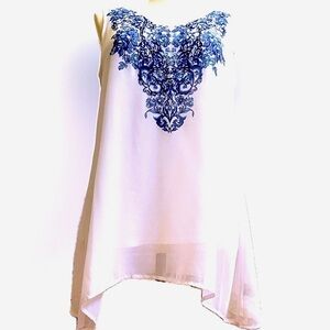 Macys Sleeveless Top, Blue sequin on sheer white over white jersey. Stunning! XL